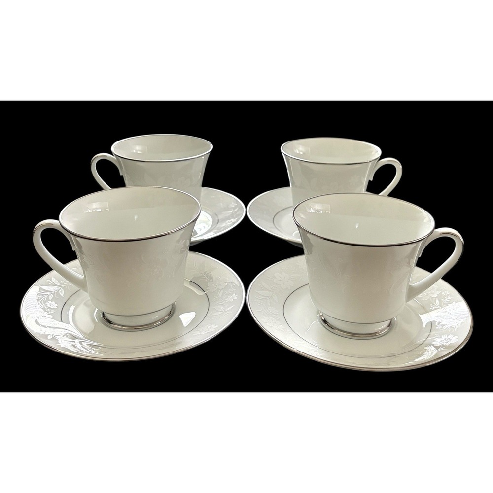 4 Vintage Noritake Ranier Footed‎ Teacup & Saucer Sets Platinum Trim Excellent